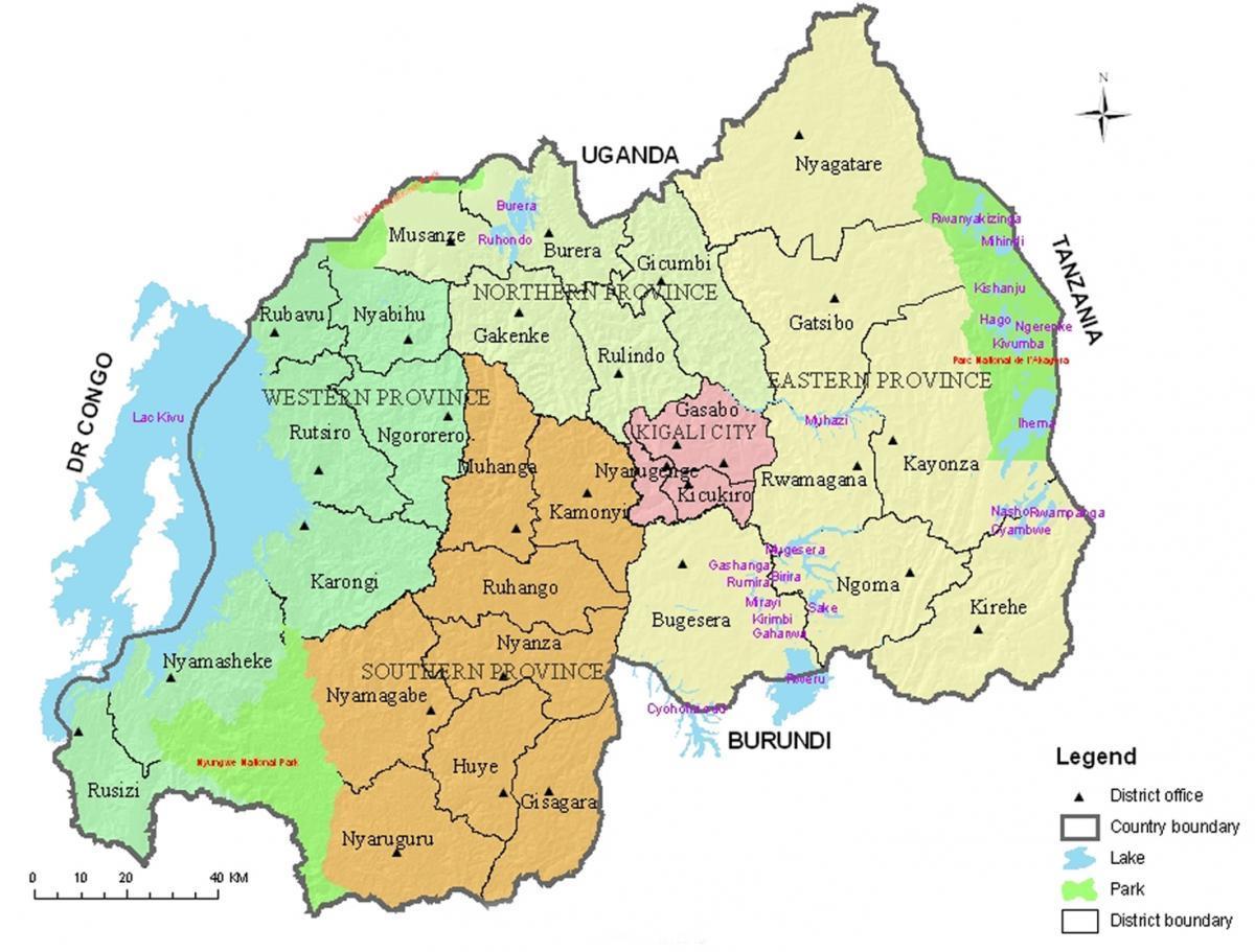 карта Руанды з раёнаў і сектараў