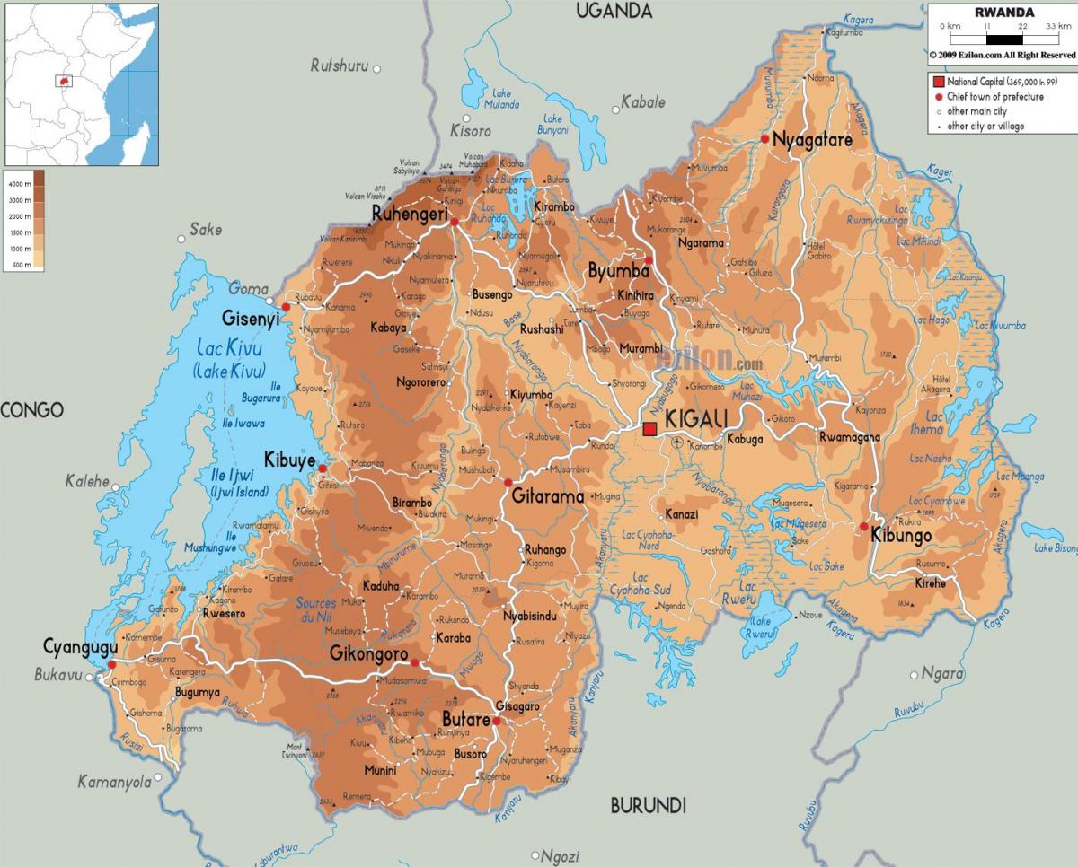 карта фізічная карта Руанды